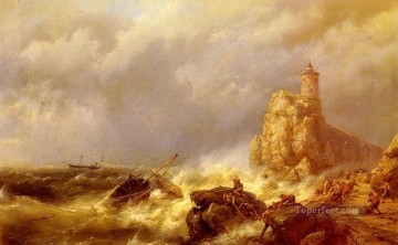  Seascape Oil Painting - A Shipwreck In Stormy Seas Hermanus Snr Koekkoek seascape boat